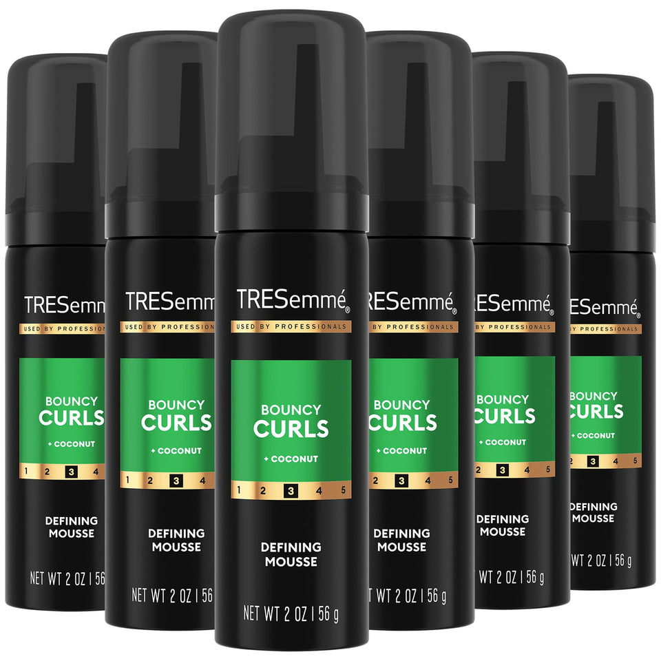 TRESemmé front packaging showing travel-size curl-defining mousse and benefits