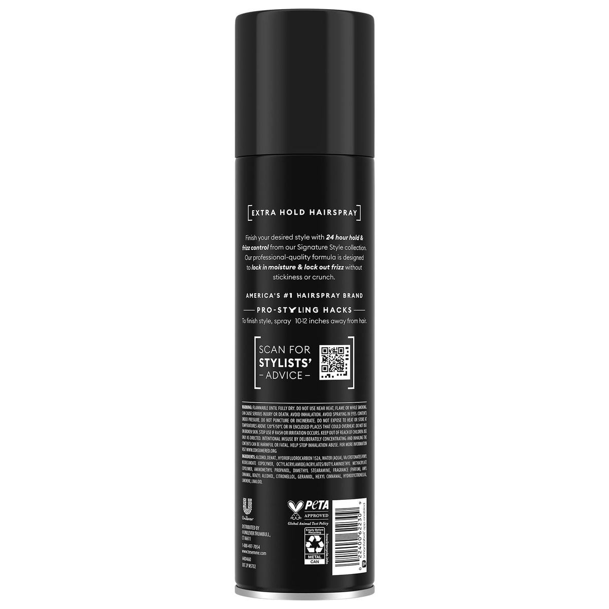TRESemmé aerosol nozzle close-up showing fine mist for even distribution and lightweight hold