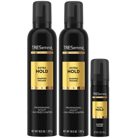 TRESemmé front packaging shot showing set and clear product benefits