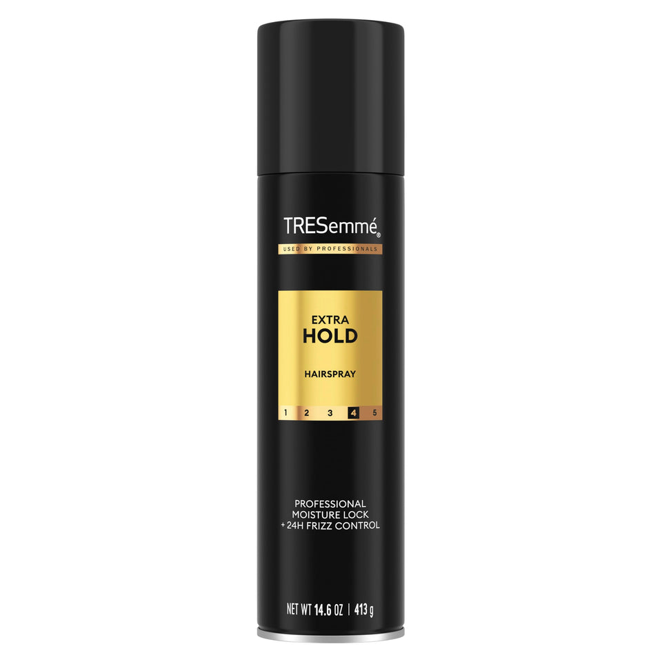 TRESemmé front packaging showing 14.6 oz can for long-lasting hold