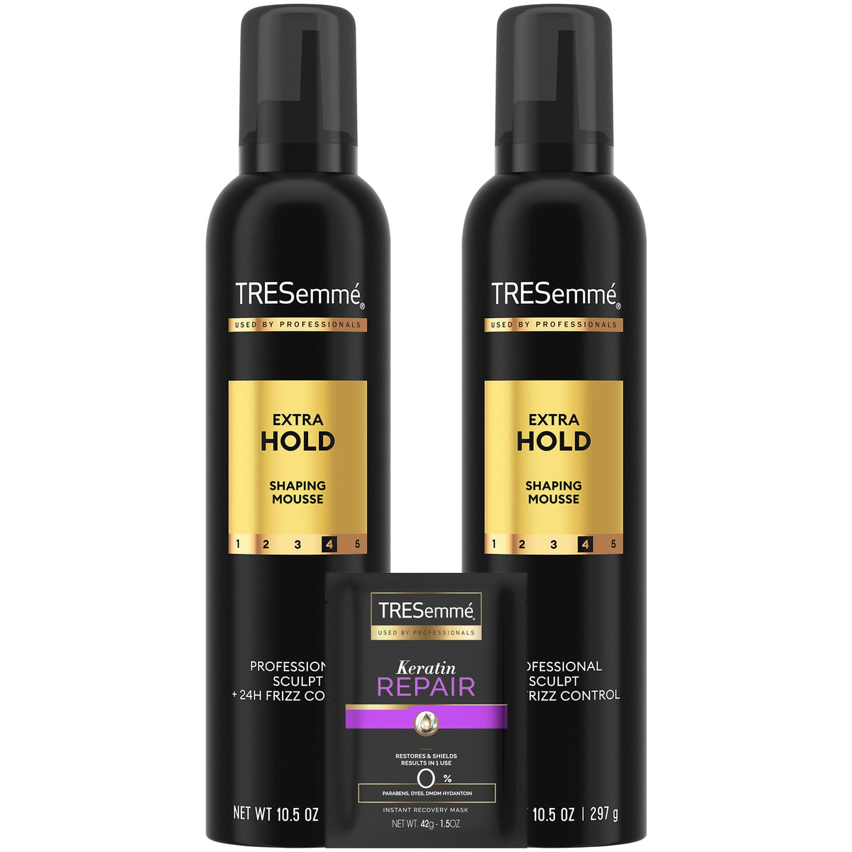 TRESemmé extra hold mousse front packaging showing product benefits
