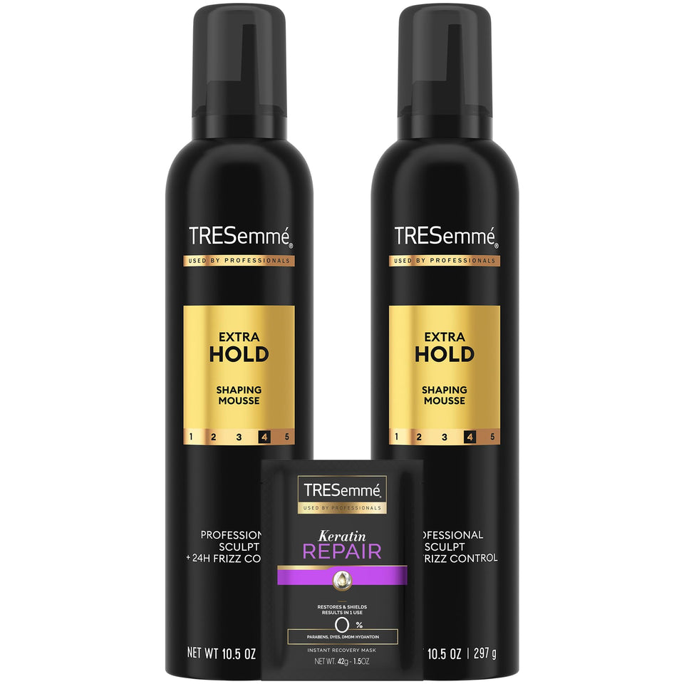 TRESemmé extra hold mousse front packaging showing product benefits