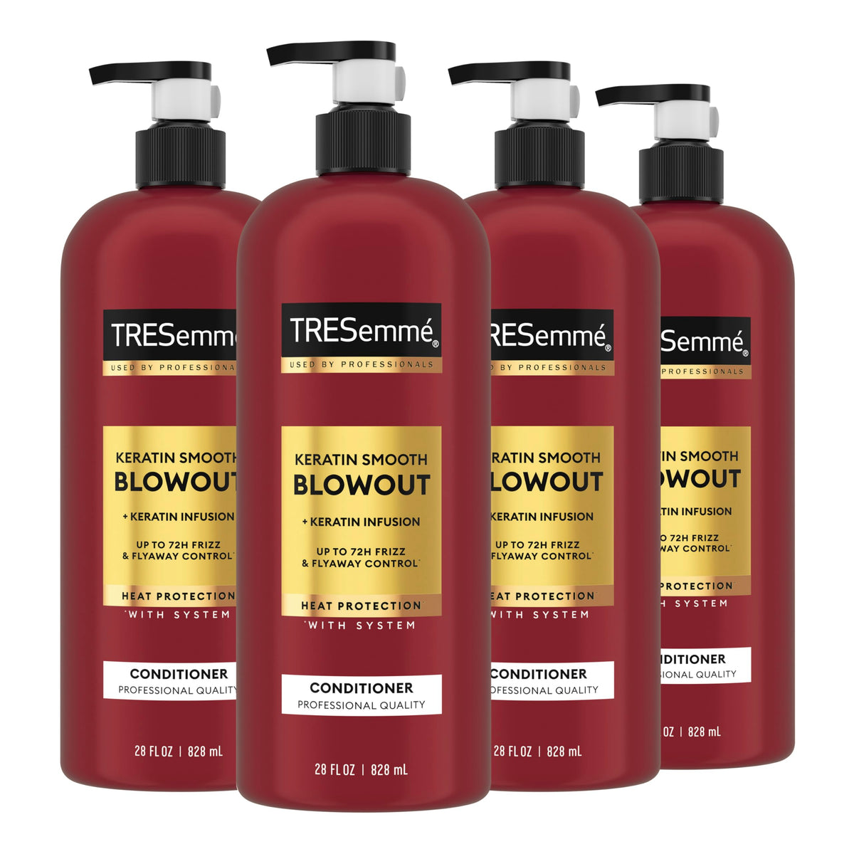 TRESemmé front packaging showing 28 fl oz bottle and four-pack convenience