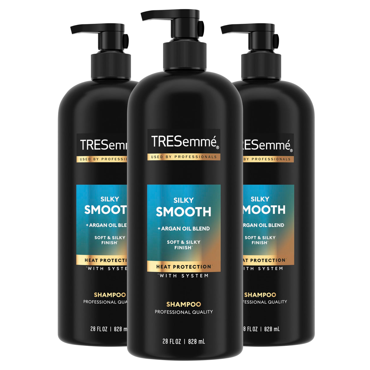 TRESemmé front packaging three‑pack showing 28 fl oz bottles and professional results