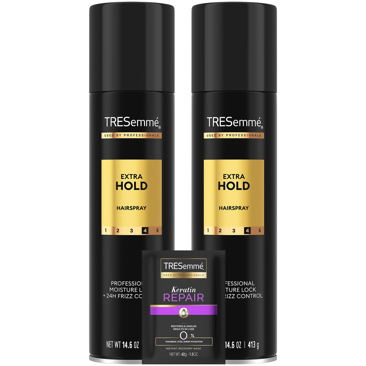 TRESemmé front packaging showing two extra hold sprays and keratin mask for long-lasting styles