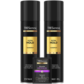 TRESemmé front packaging showing two extra hold sprays and keratin mask for long-lasting styles