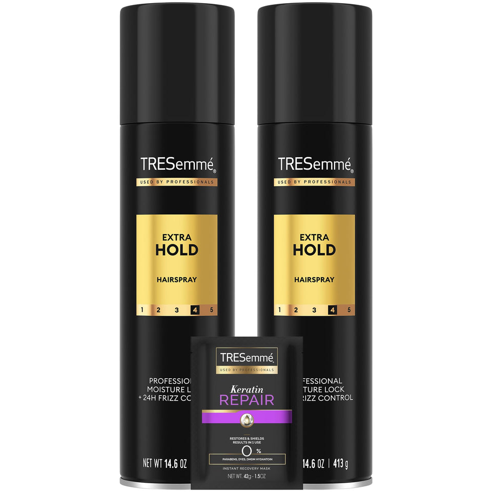 TRESemmé front packaging showing two extra hold sprays and keratin mask for long-lasting styles