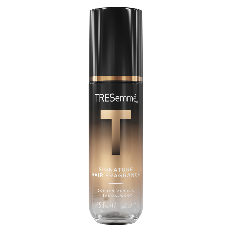 TRESemmé front packaging showing golden vanilla sandalwood fragrance and size benefit