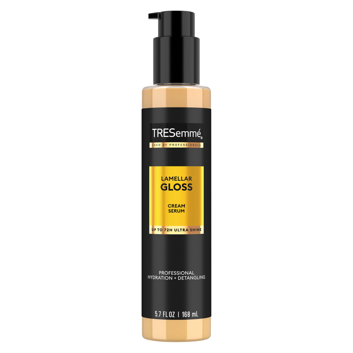 TRESemmé front packaging showing 5.7 fl oz bottle and glossy finish benefit