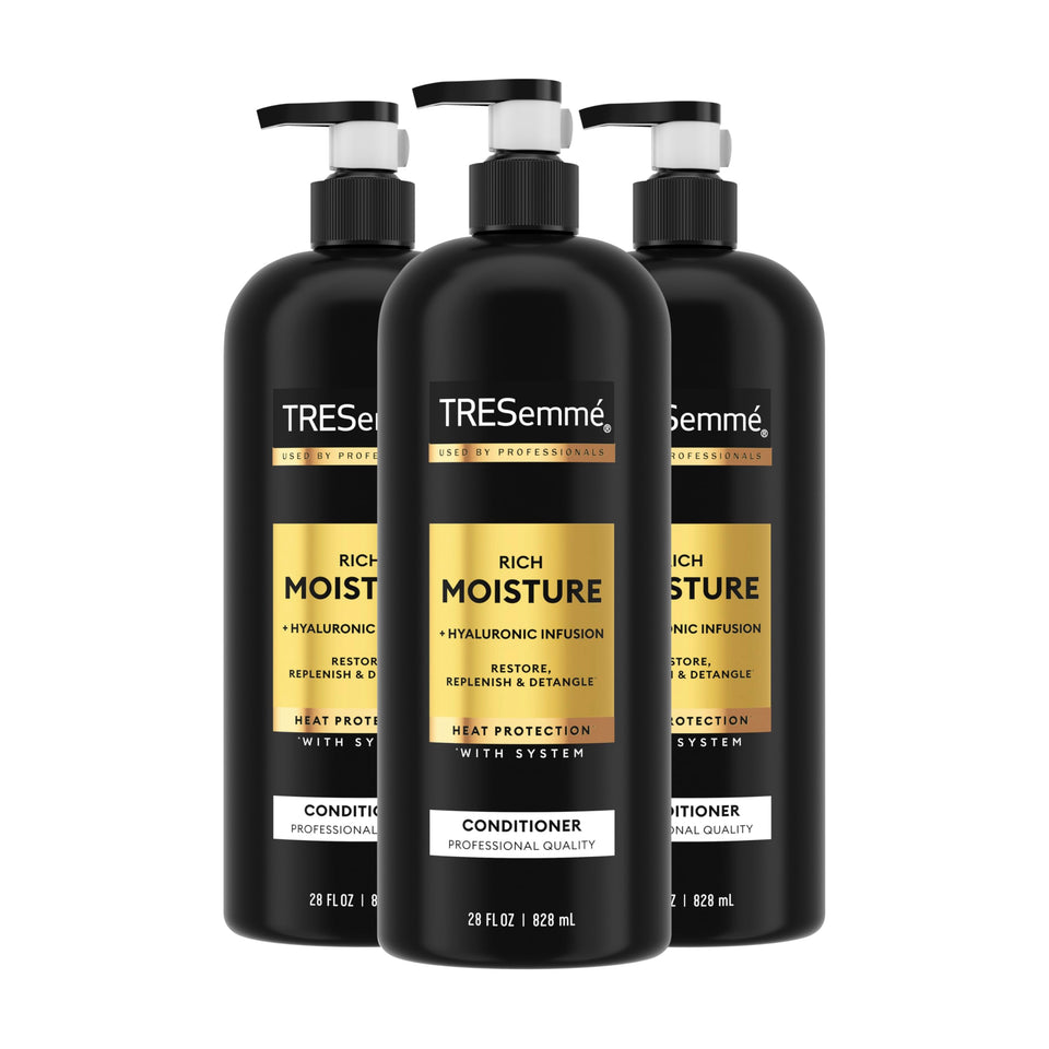 TRESemmé front packaging showing 3-count bottles and moisture benefits