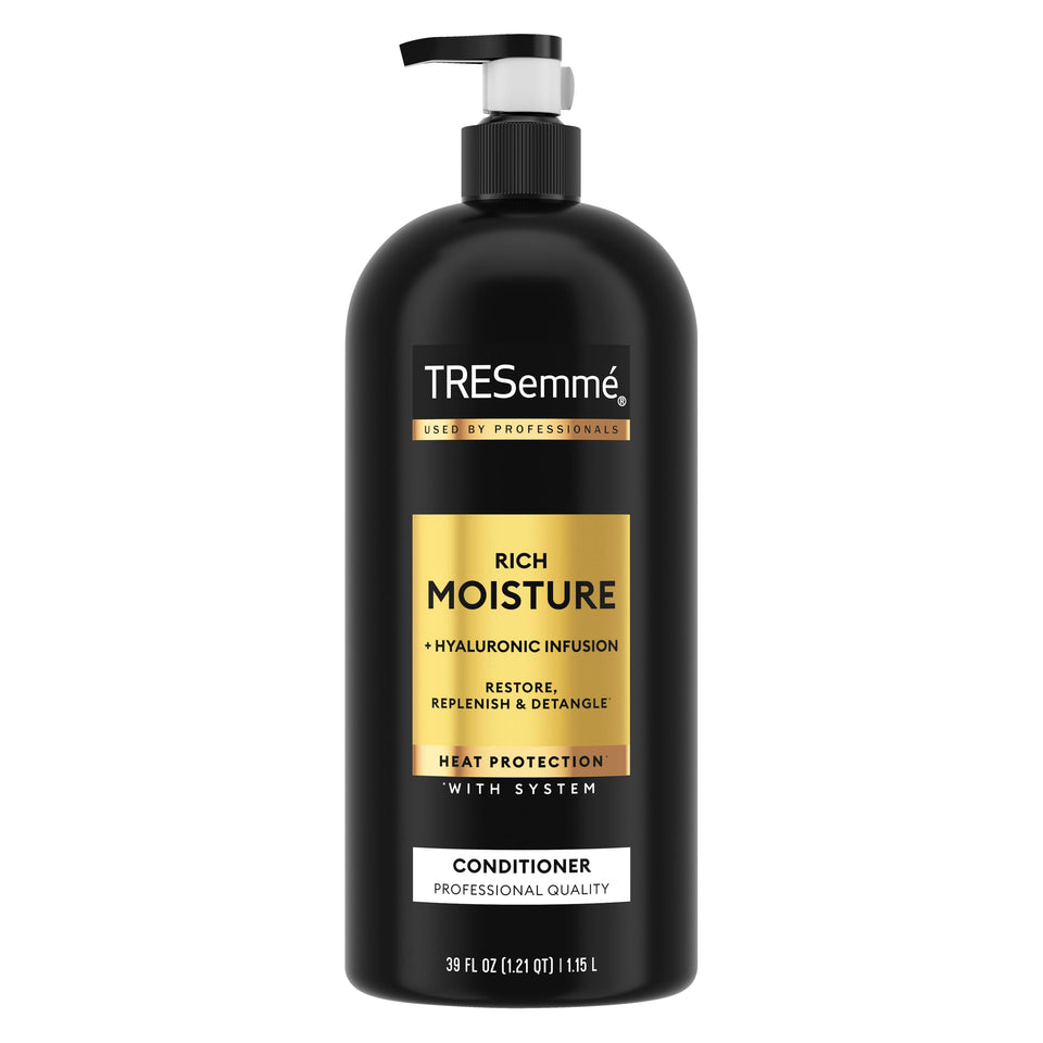 TRESemmé front packaging showing 39 fl oz pump and rich moisture benefits