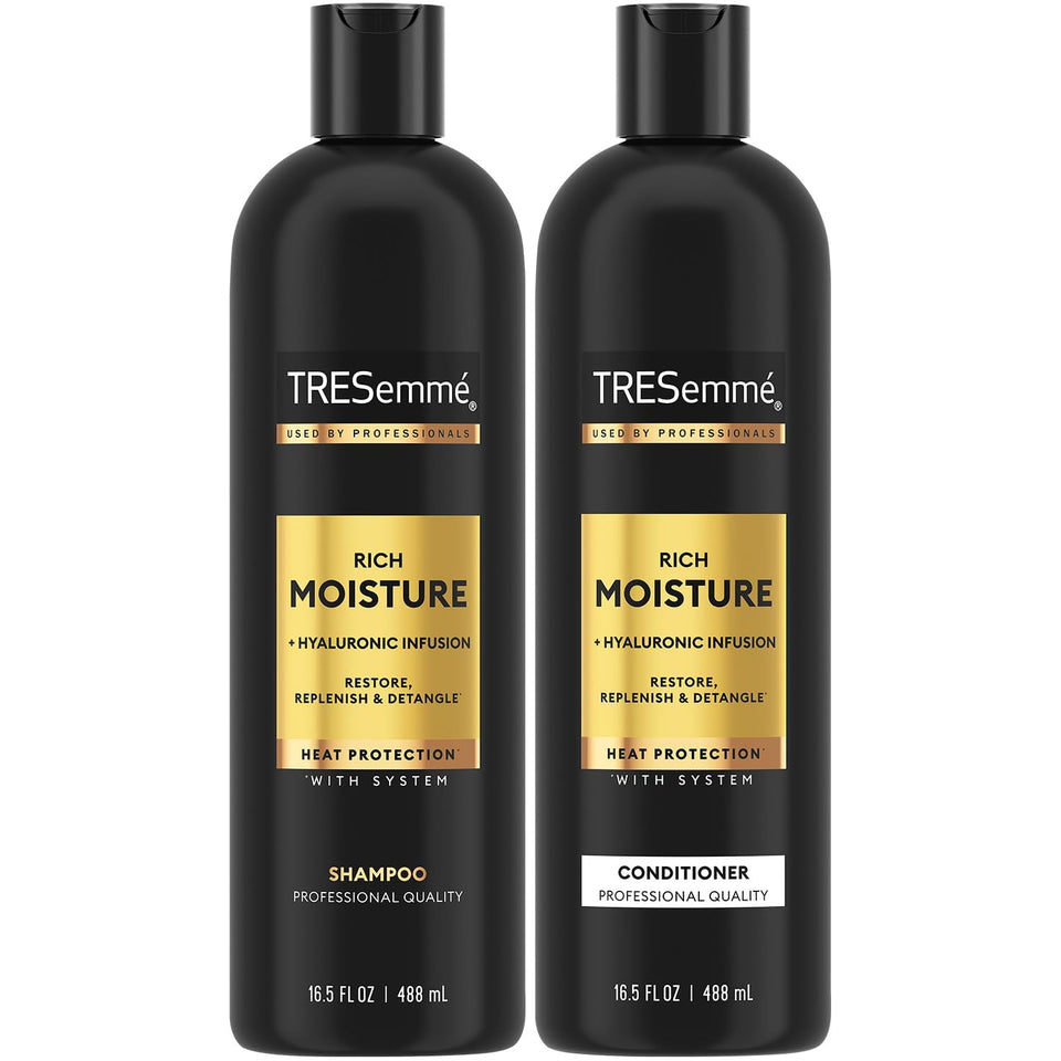 TRESemmé front packaging showing Rich Moisture set and hydration benefits