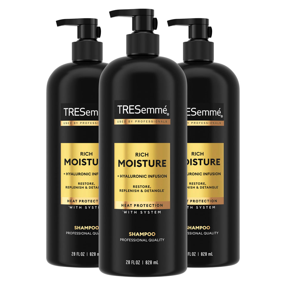 TRESemmé front packaging of Rich Moisture Shampoo showing salon-sized benefit