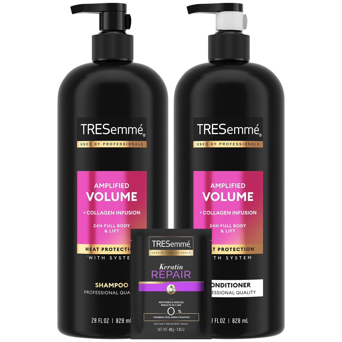 TRESemmé front packaging set showing bottles and mask for volumizing benefits