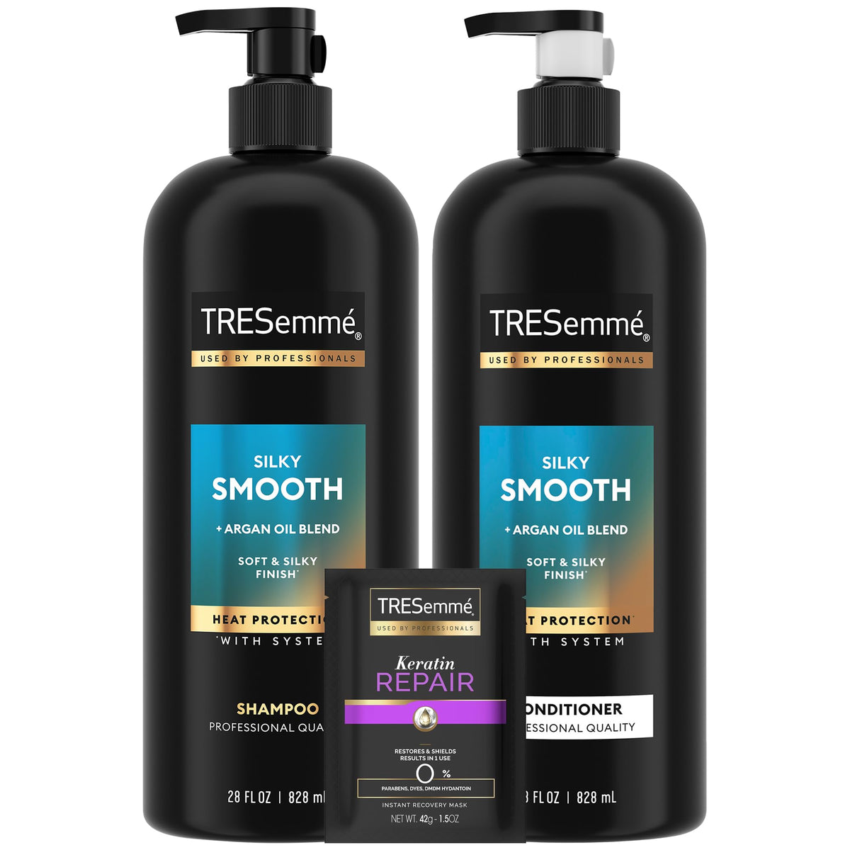 TRESemmé front packaging set showing bottles and mask for easy selection