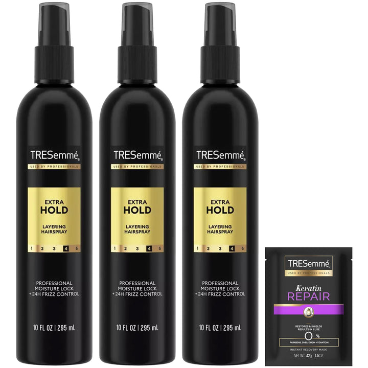 TRESemmé front packaging showing three non-aerosol sprays plus mask for reliable styling