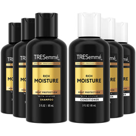 TRESemmé front packaging showing travel rich moisture set and portability
