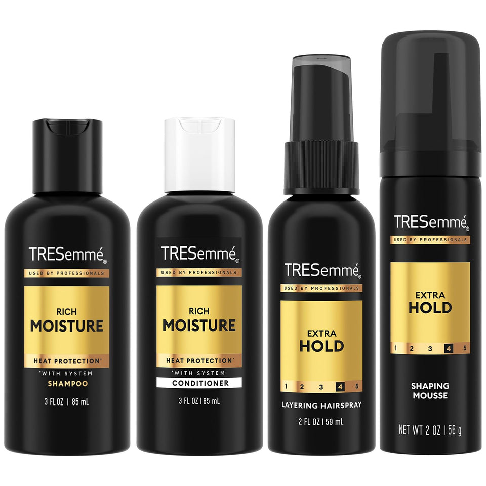TRESemmé travel set front view showing compact bottles and tidy packing benefit