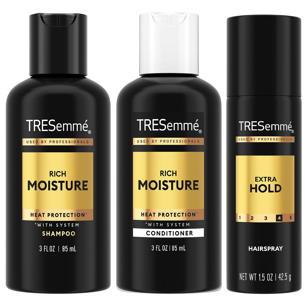 TRESemmé front packaging trio showing travel-friendly bottles and benefits
