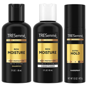 TRESemmé front packaging trio showing travel-friendly bottles and benefits