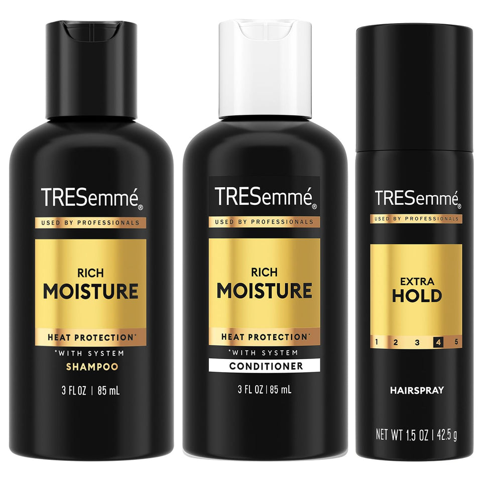 TRESemmé front packaging trio showing travel-friendly bottles and benefits