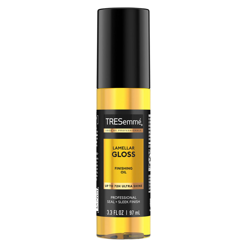 TRESemmé front packaging showing sleek bottle and product benefit of salon shine