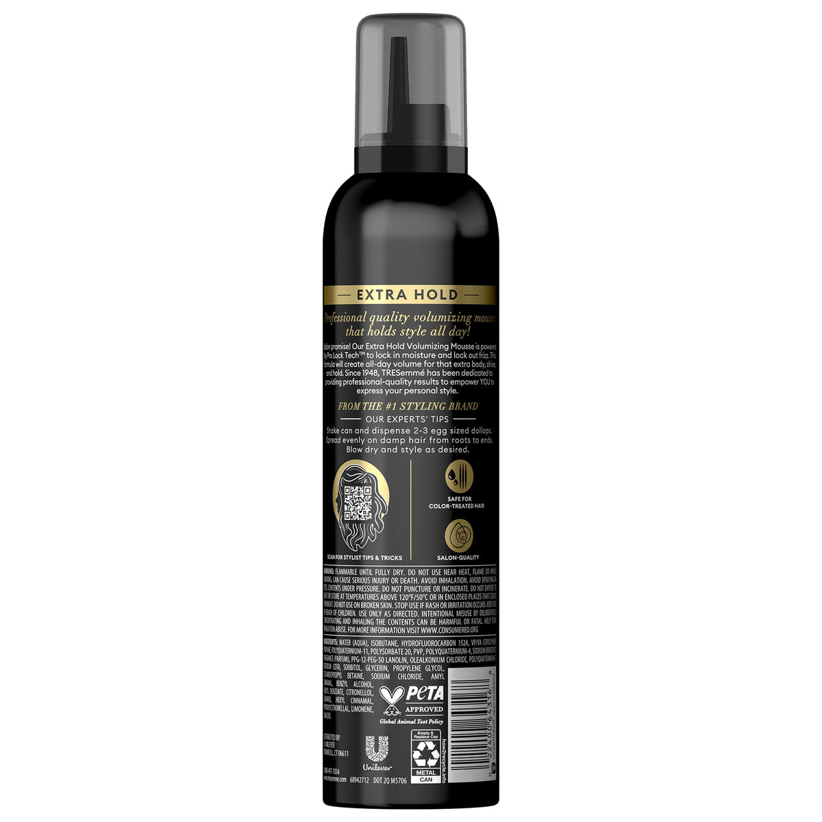 TRESemmé label close-up highlighting extra hold and Pro Lock technology