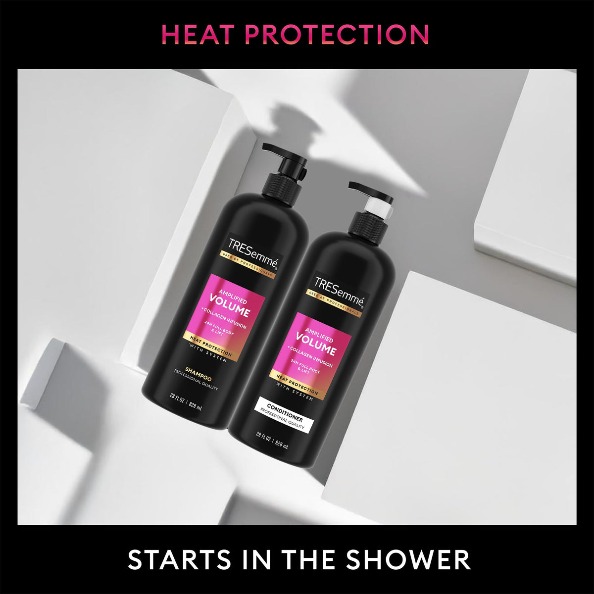 TRESemmé products staged on bathroom shelf signaling salon-style routine