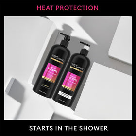TRESemmé products staged on bathroom shelf signaling salon-style routine