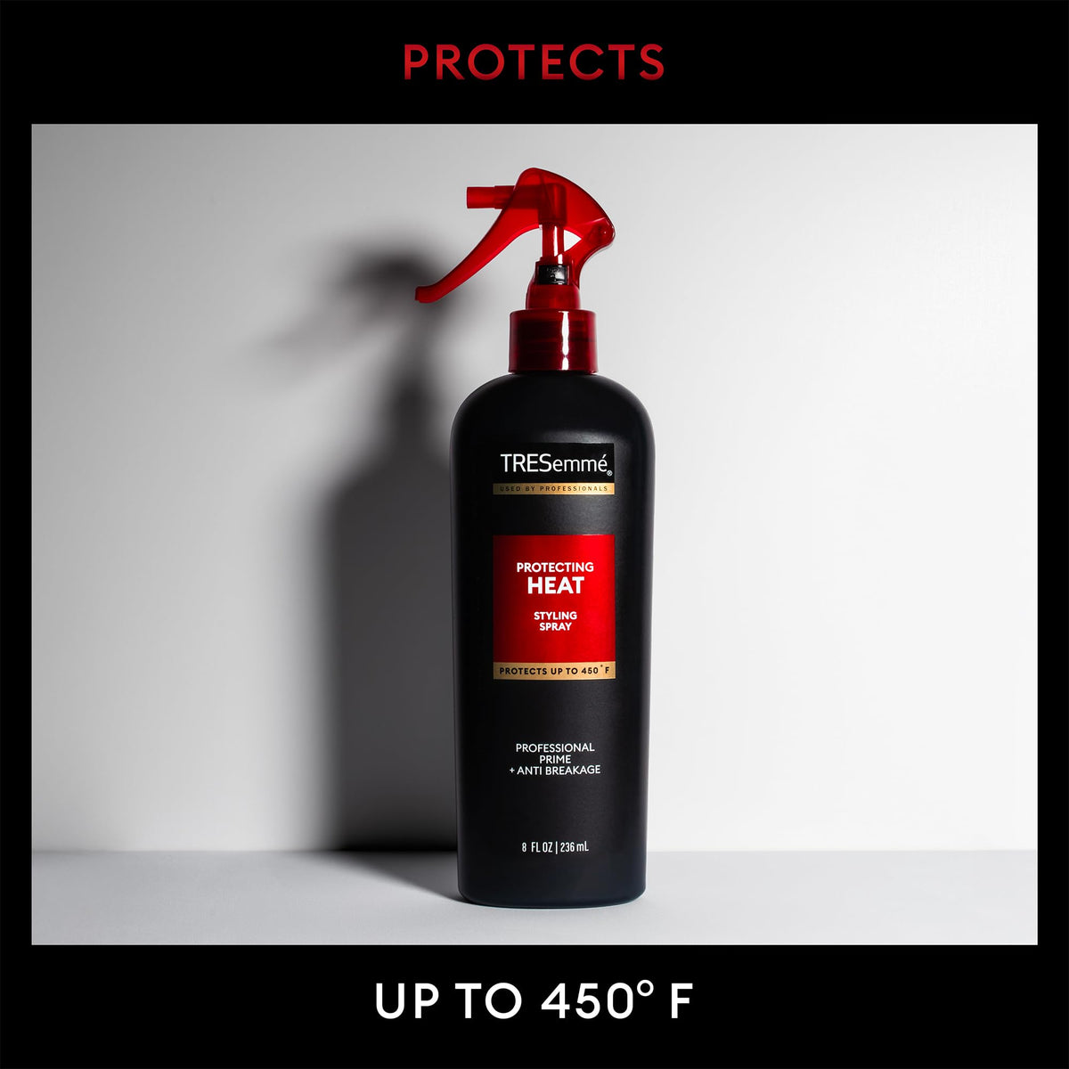 TRESemmé product label close-up showing ingredients and heat protection details
