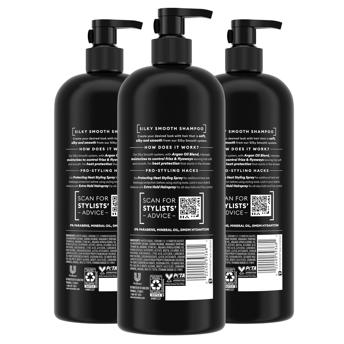 TRESemmé closeup of pump and label highlighting argan oil blend benefits