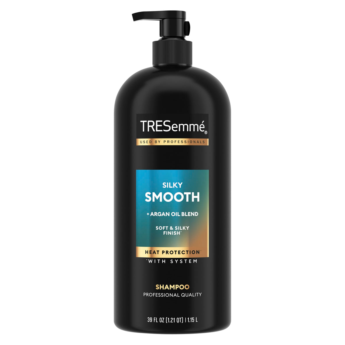 TRESemmé front packaging of Smooth and Silky 39 oz showing label and pump for easy use