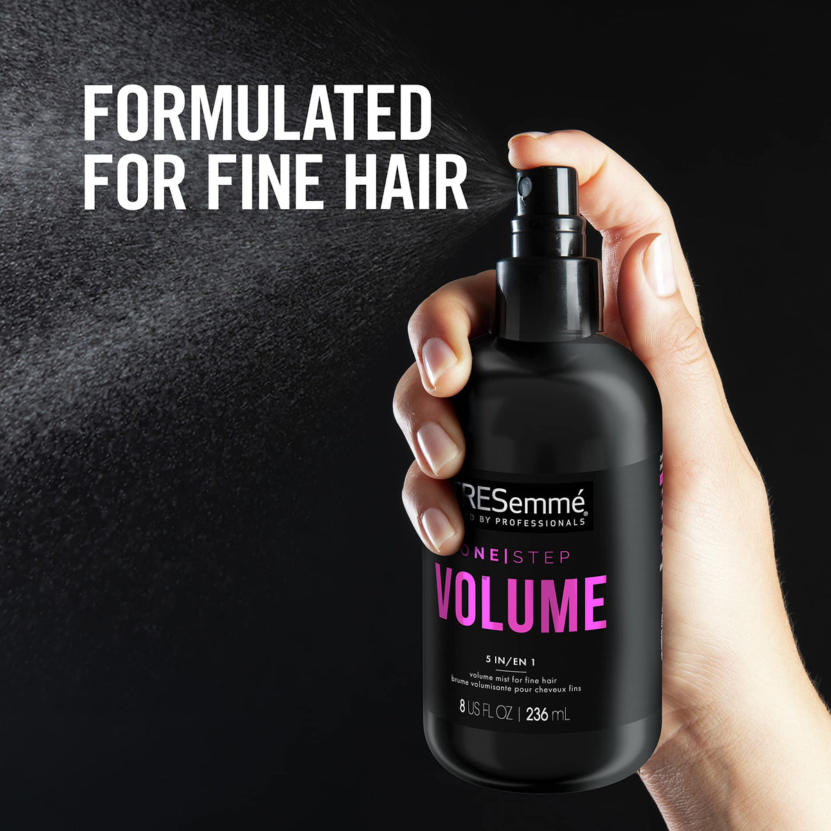 TRESemmé spray nozzle closeup demonstrating even misting