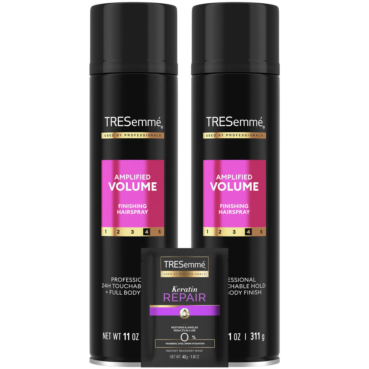 TRESemmé front packaging of Total Volume hairspray showcasing volume benefits