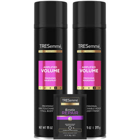 TRESemmé front packaging of Total Volume hairspray showcasing volume benefits