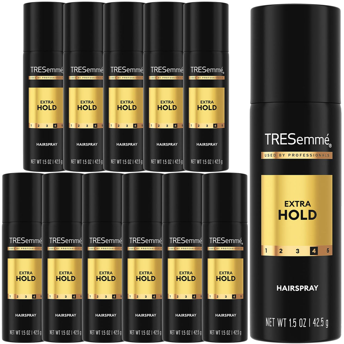 TRESemmé front packaging showing compact travel hairspray and branding benefit