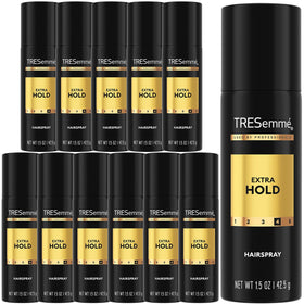 TRESemmé front packaging showing compact travel hairspray and branding benefit