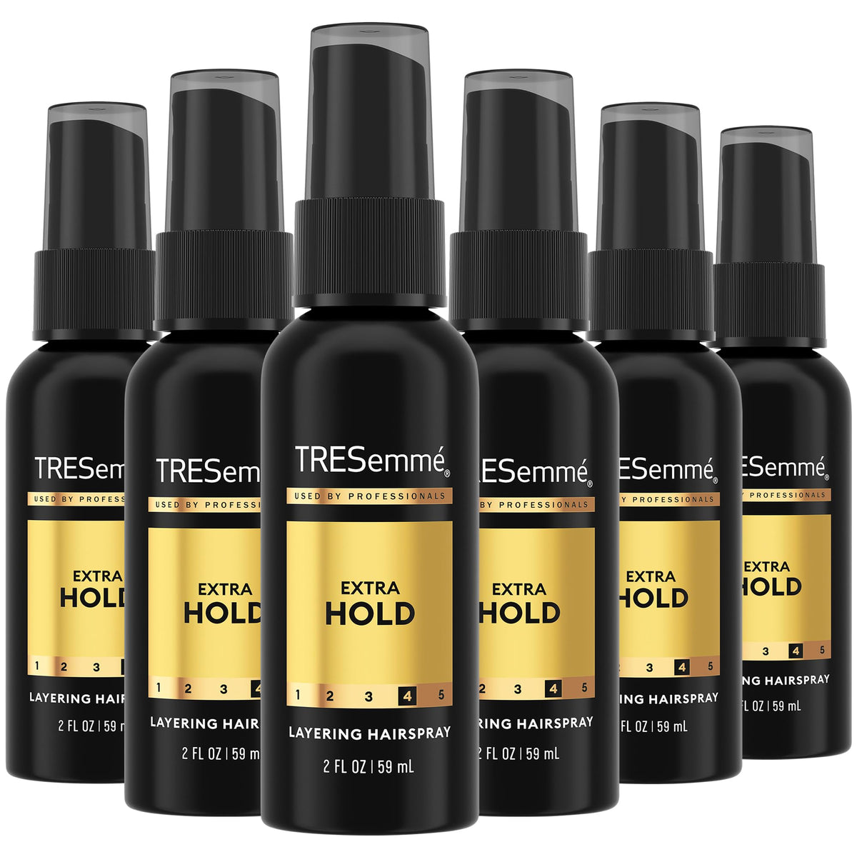 TRESemmé front packaging of six travel hairspray bottles shows convenient travel-ready hold