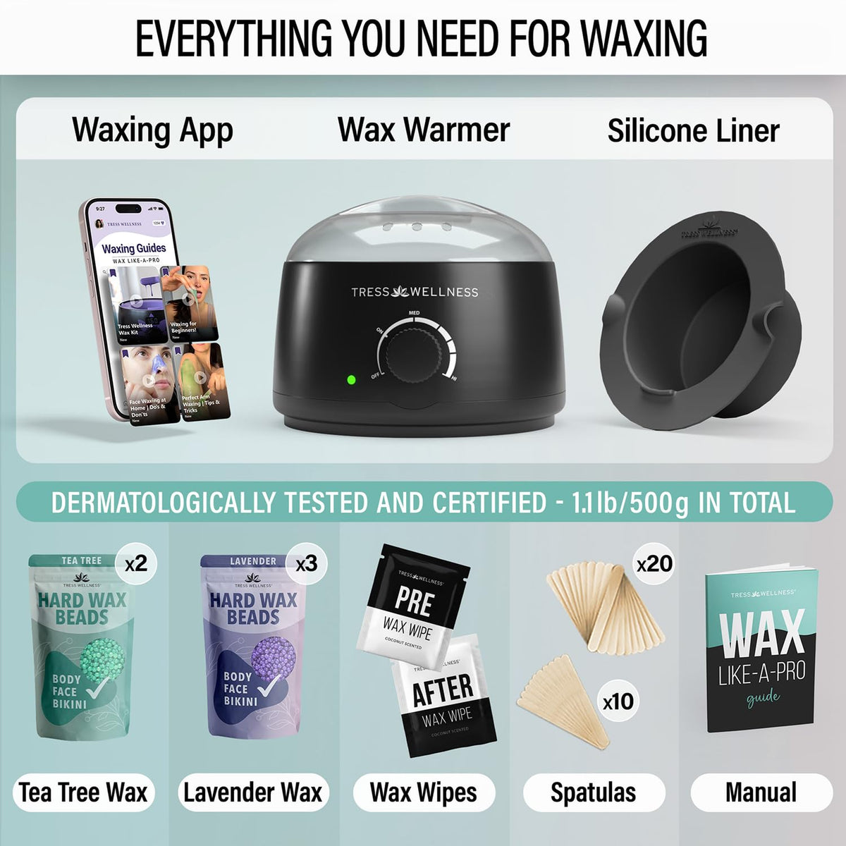 Tress Wellness analogue wax warmer close-up displaying dial and safety benefit