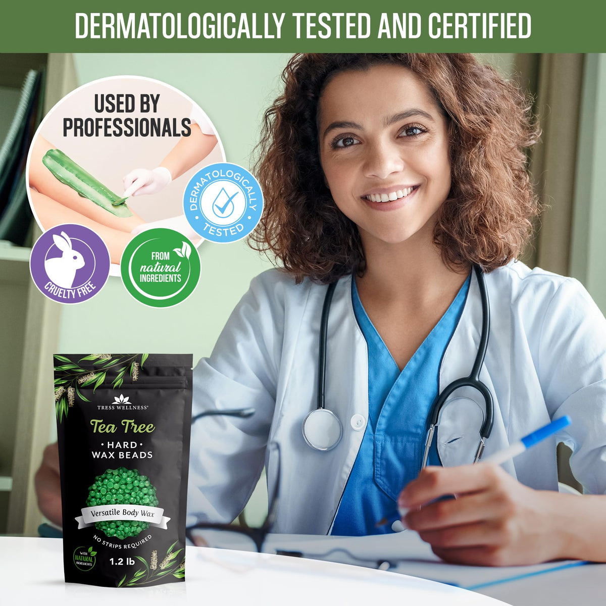 Tress Wellness in a bathroom setup showing complete kit benefit for home waxing