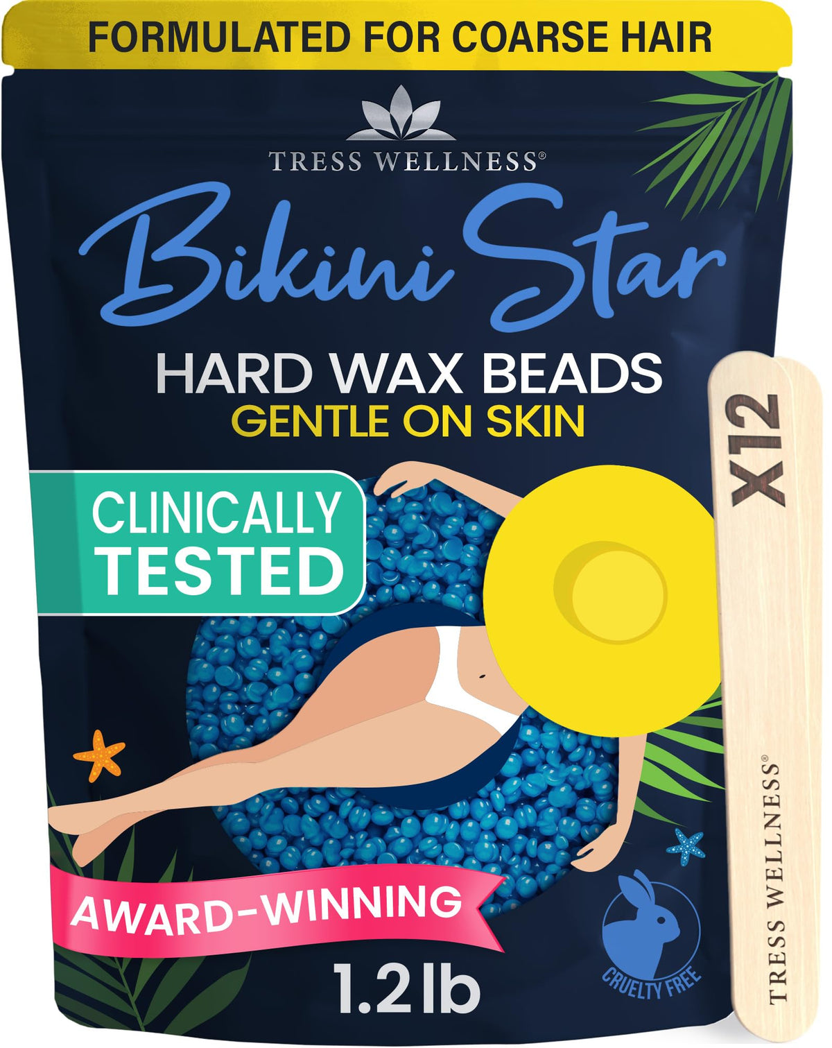 Tress Wellness front packaging showing bikini star kit and benefits