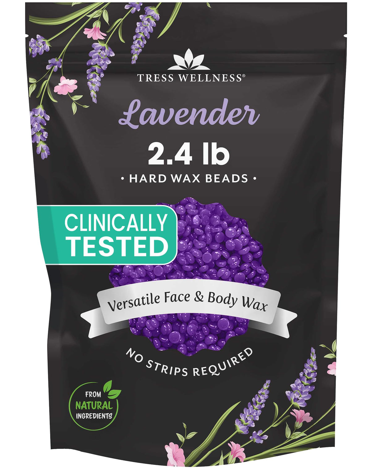 Tress Wellness front packaging of lavender wax beads showing product weight and branding for at-home waxing convenience