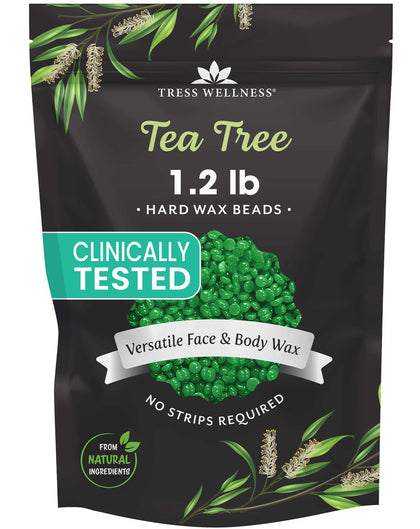 Tress Wellness front bag showing tea tree wax bead packaging and benefit of easy storage