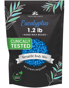 Tress Wellness front bag showing eucalyptus wax beads and branding for clear product ID and benefits