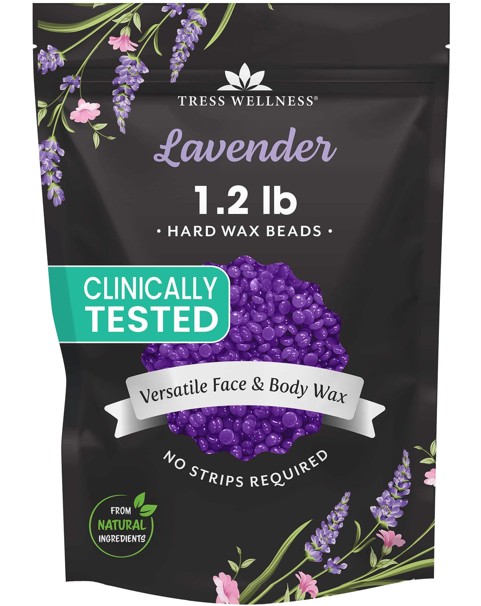 Tress Wellness front packaging showing lavender wax beads and product benefit