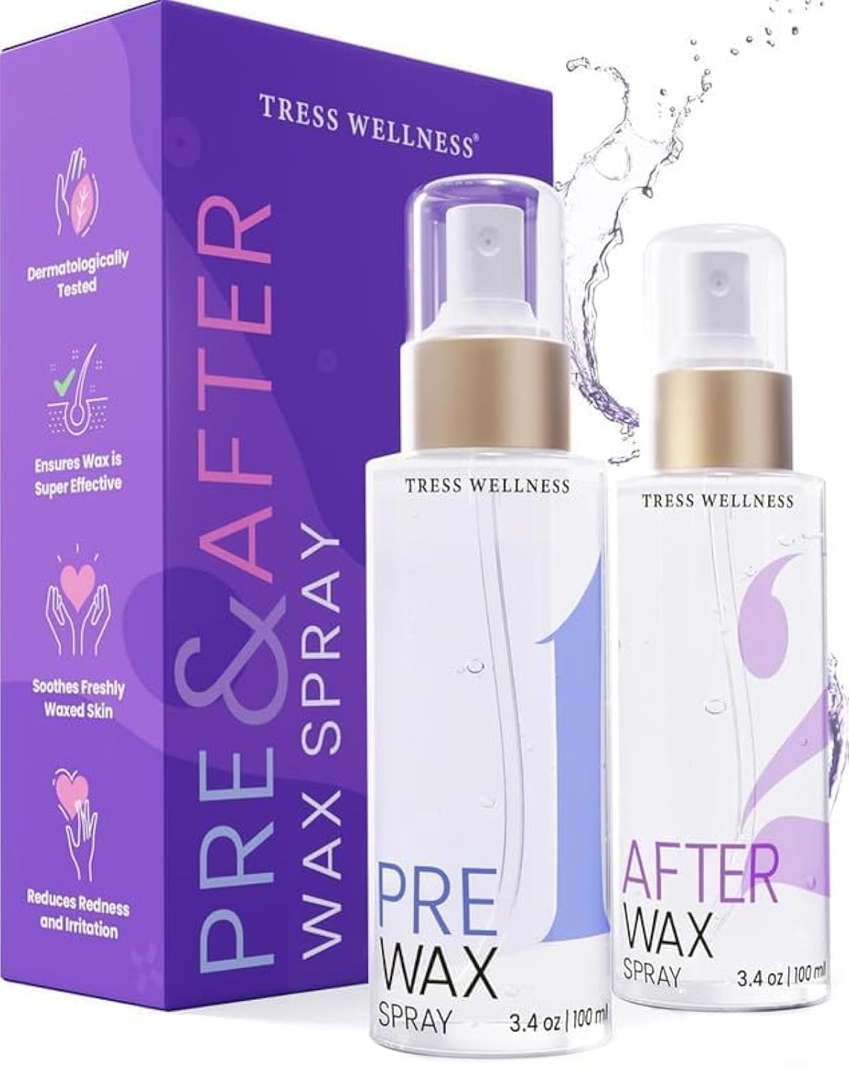Tress Wellness front packaging showing both 100ml pre and post-wax sprays for easy identification