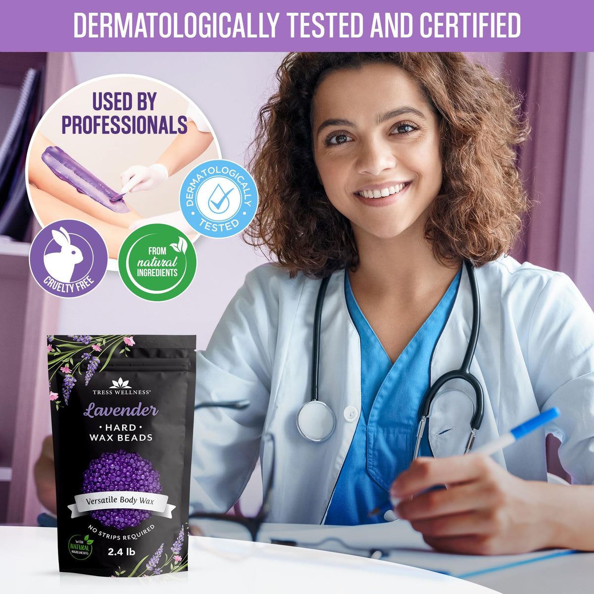 Tress Wellness wax kit on bathroom vanity conveying a calm, lavender-scented home waxing routine
