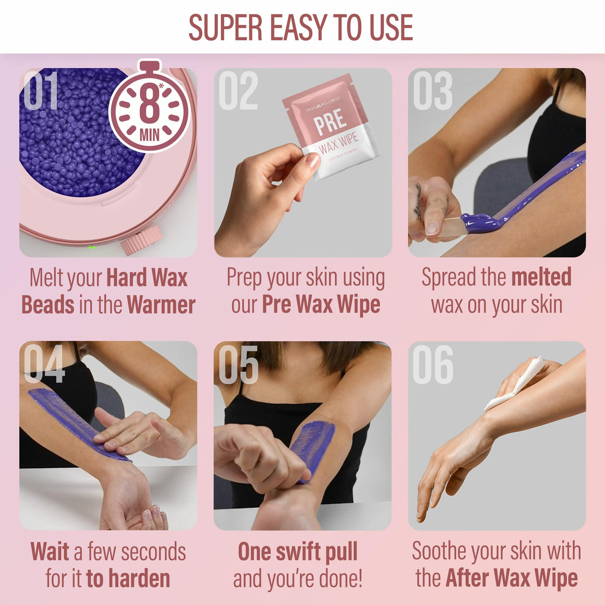 Tress Wellness pre-wax and after-wax wipes displayed for quick cleansing and soothing