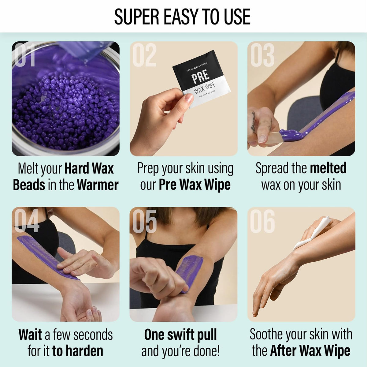 Tress Wellness pre-wax and after-wax wipes packaging for soothing post-care