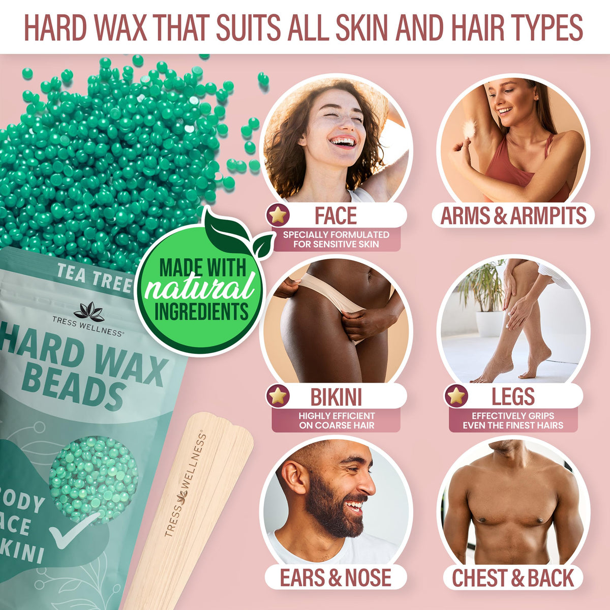Tress Wellness wax in use on bikini area illustrating targeted hair removal with minimal skin tension